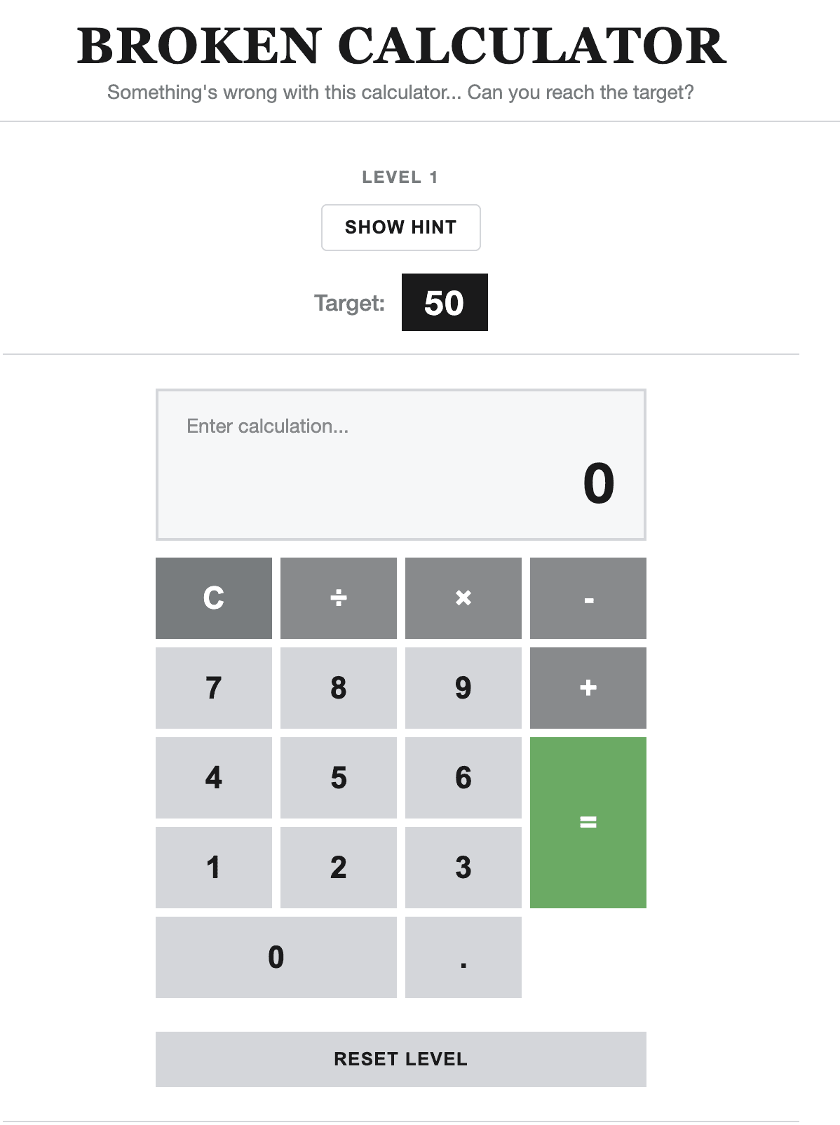 Level 1 of Broken Calculator: a target of 50, a Show Hint button, and the calculator keypad.