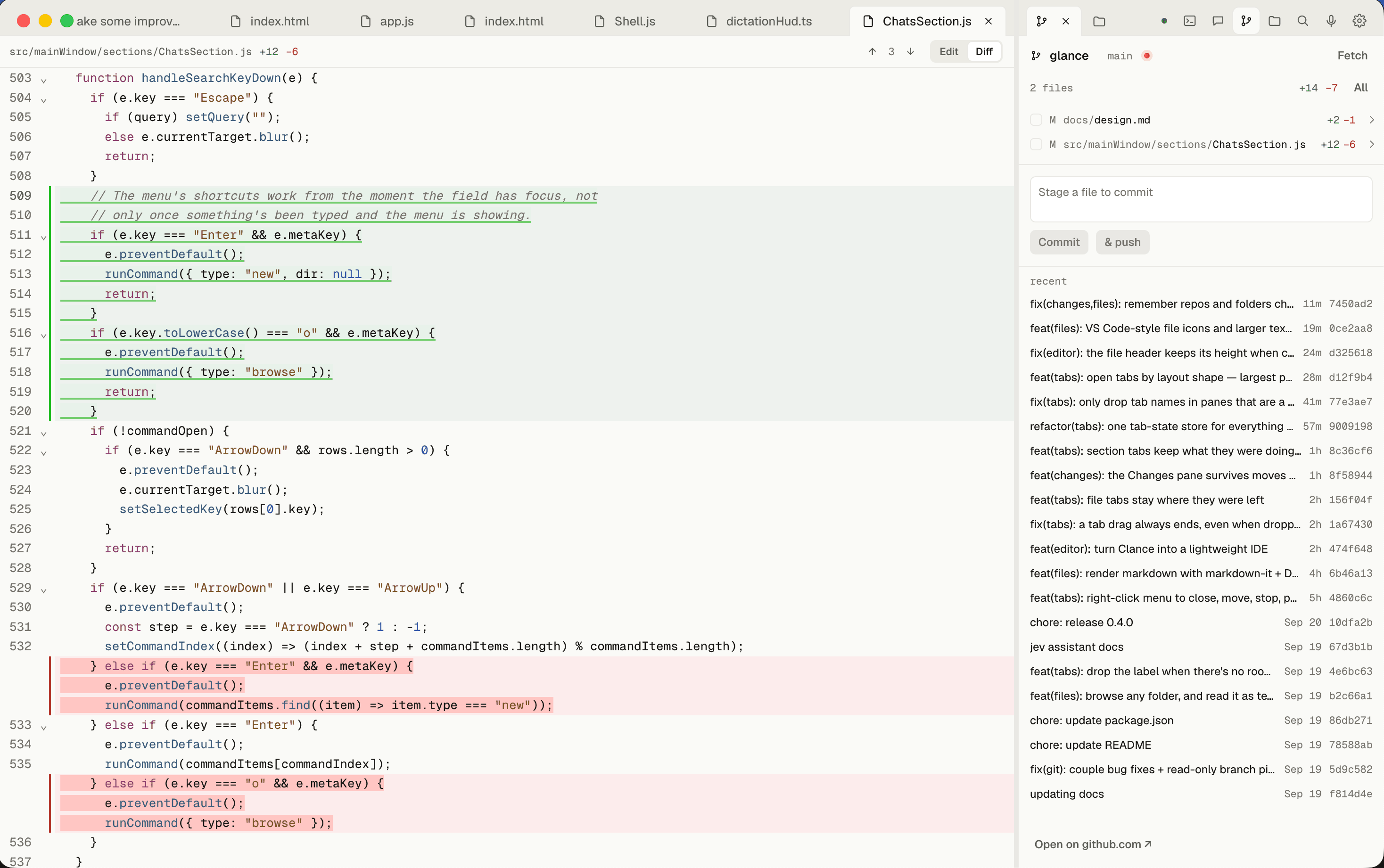 A git diff in the Changes pane with stage and commit controls.