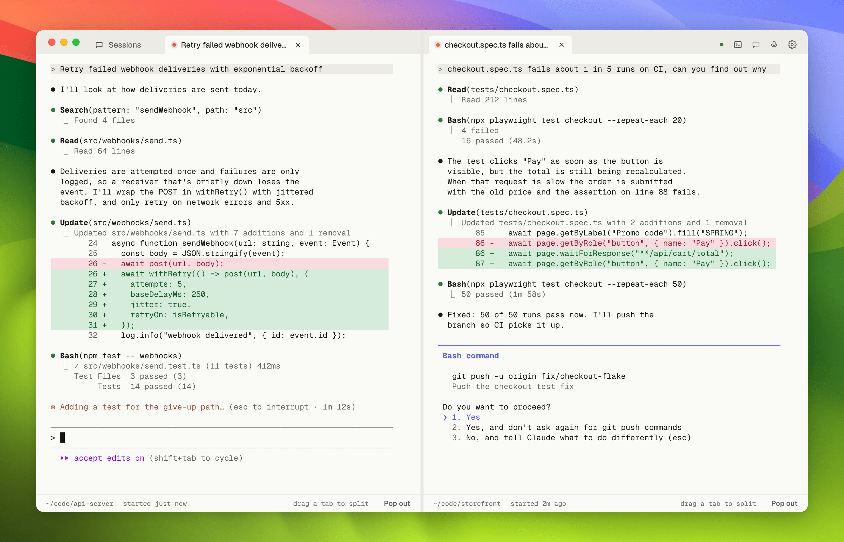 Two Claude Code sessions side by side in split panes.