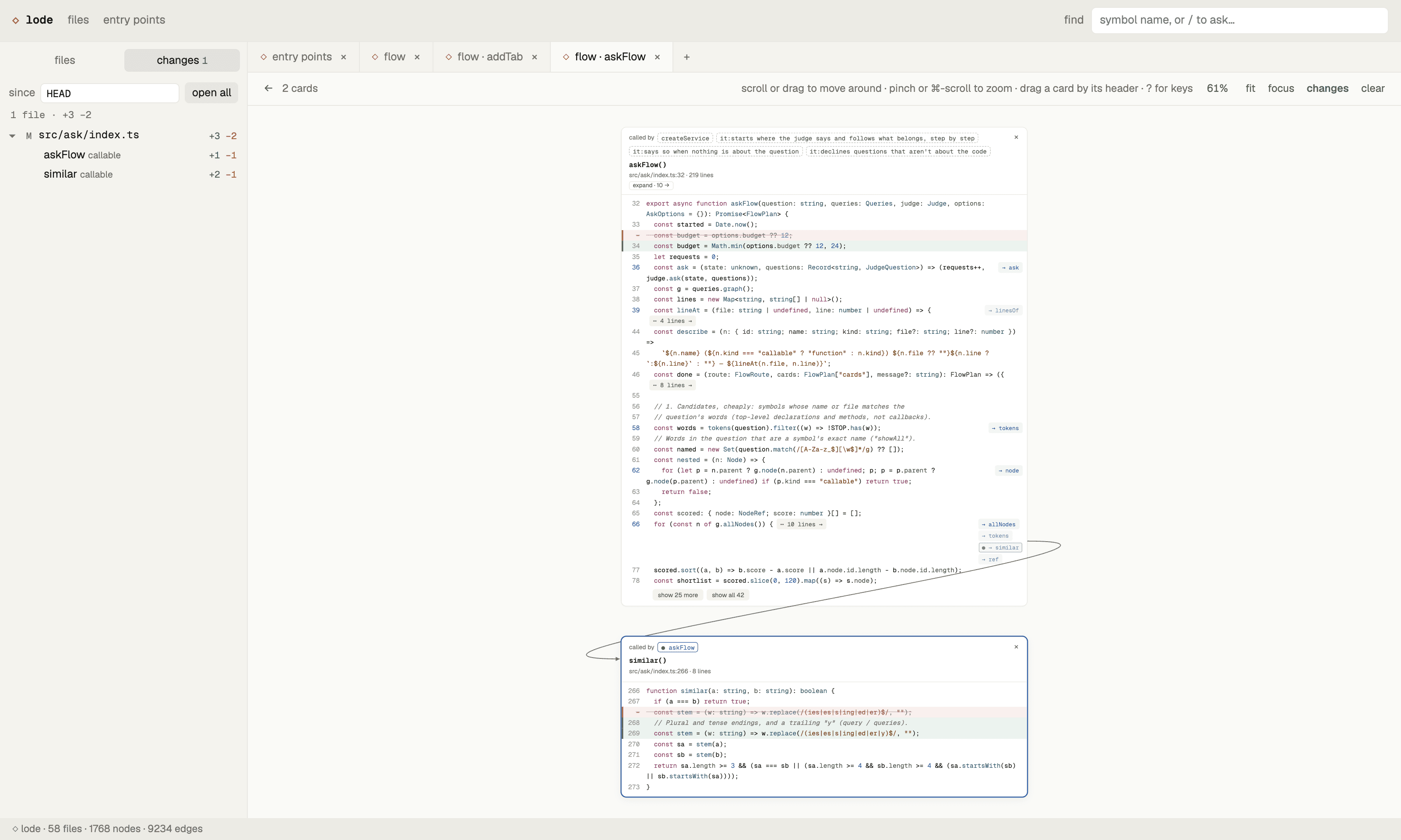 The changes sidebar listing the changed declarations in one file, beside two cards showing the diff on askFlow and similar.