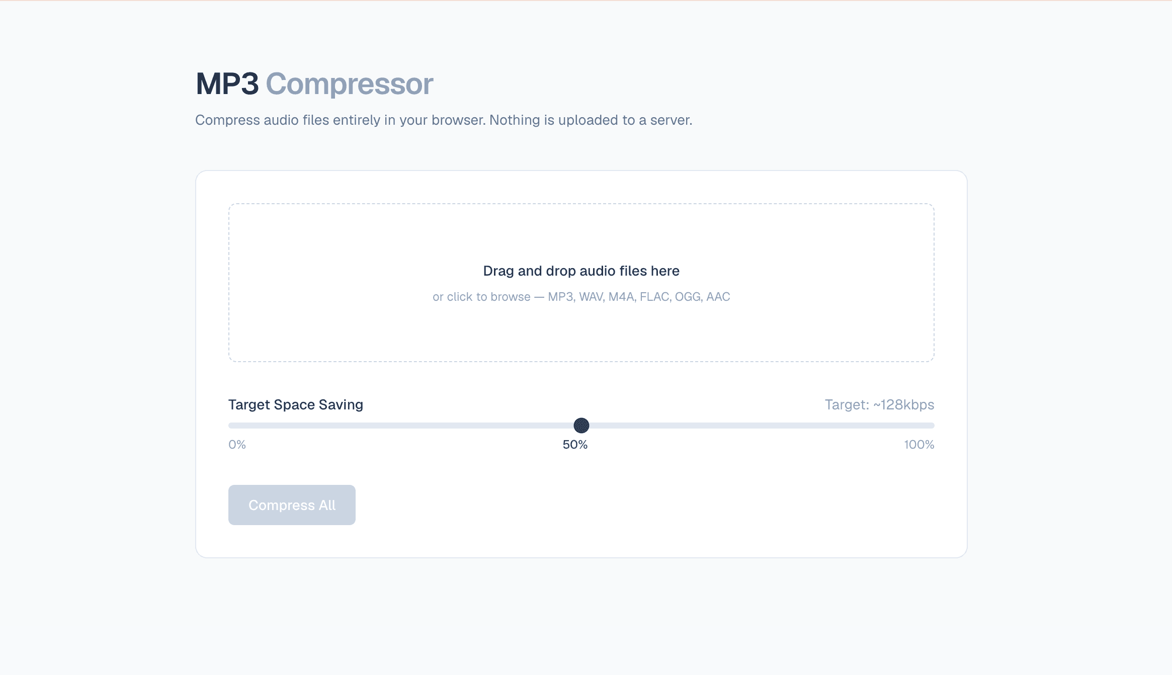 The MP3 Compressor page: a drop zone for audio files, a target space saving slider at 50% (about 128 kbps), and a Compress All button.